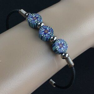 Bohemian  SUN FACE Beaded Blue Bracelet Black Leat